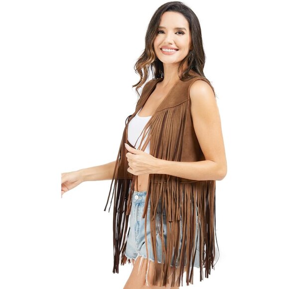 🆕Women Brown Faux Suede Western Sleeveless 70s Cowgirl Hippie Outfits - Picture 6 of 8
